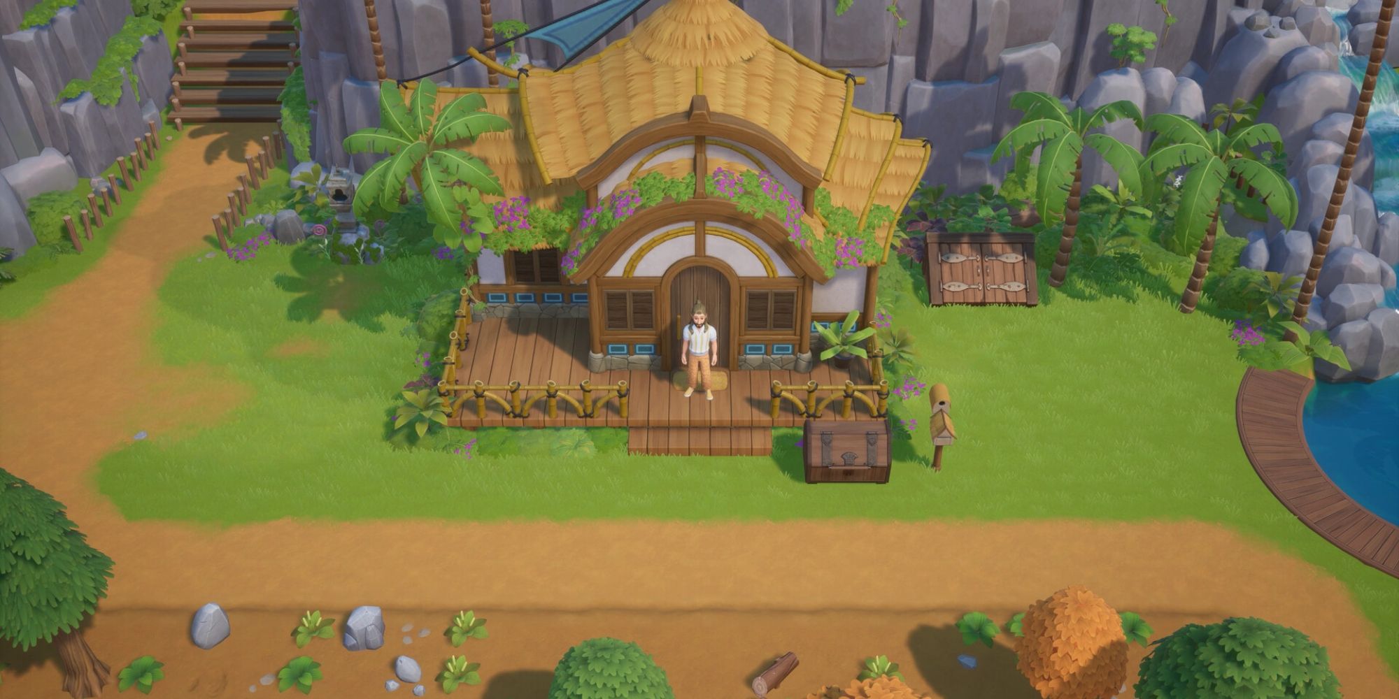 Image of a Coral Island player outside of their house on their farm.