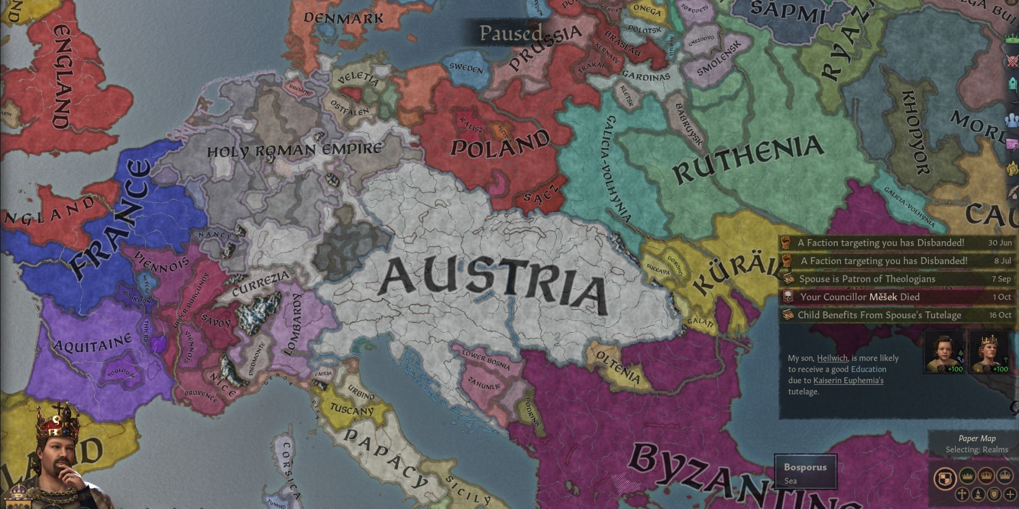 Austria and its surrounding countries on the map in Crusader Kings 3.