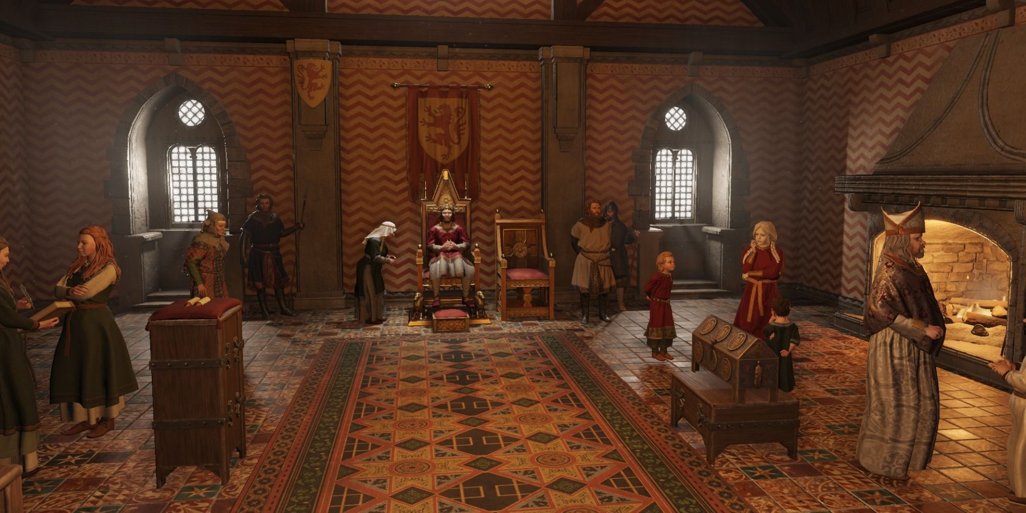 A ruler sitting on his throne in Crusader Kings 3 Royal Court.