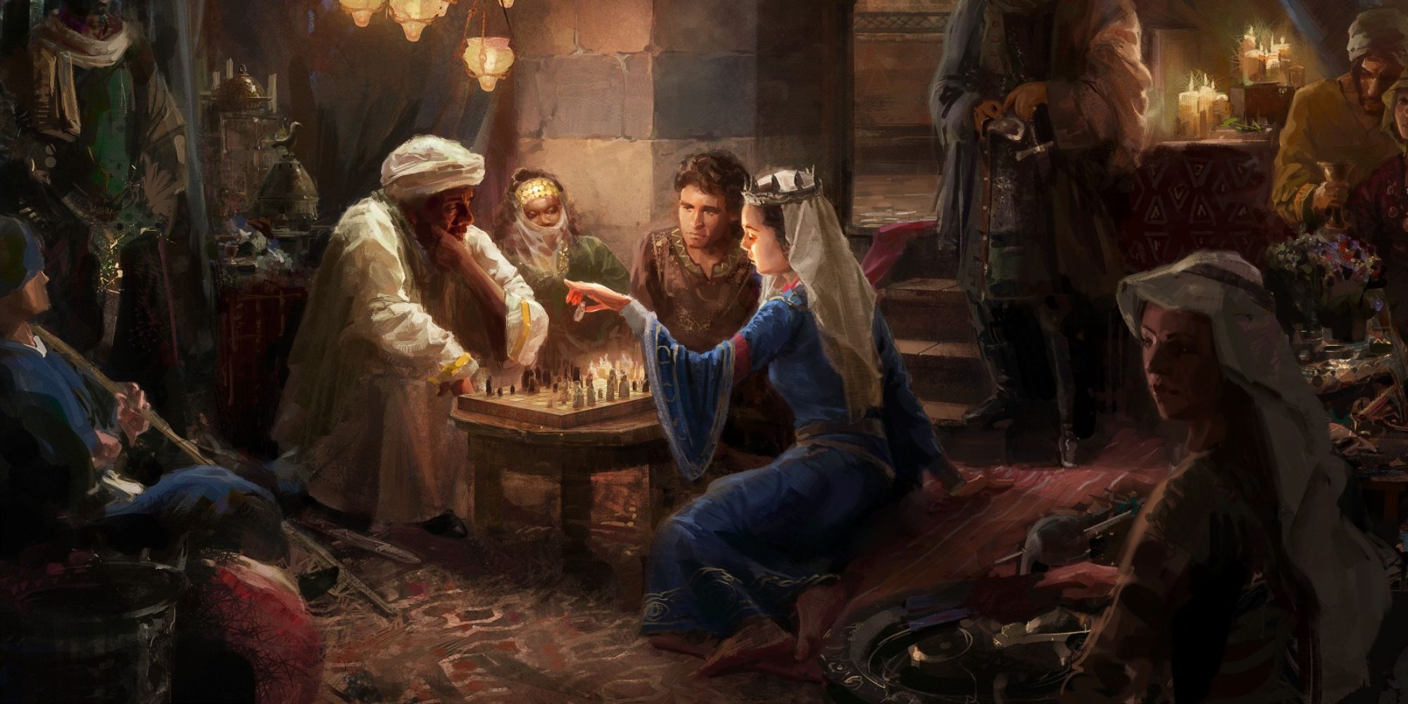 Christian and Muslim nobles play chess in Crusader Kings 3.