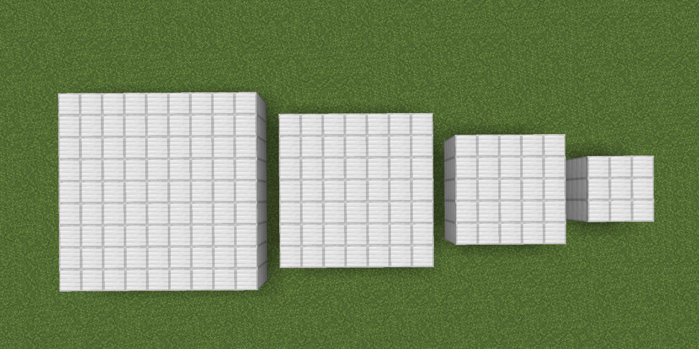 Four squares in Minecraft denoting each layer of a beacon, all made out of iron. 