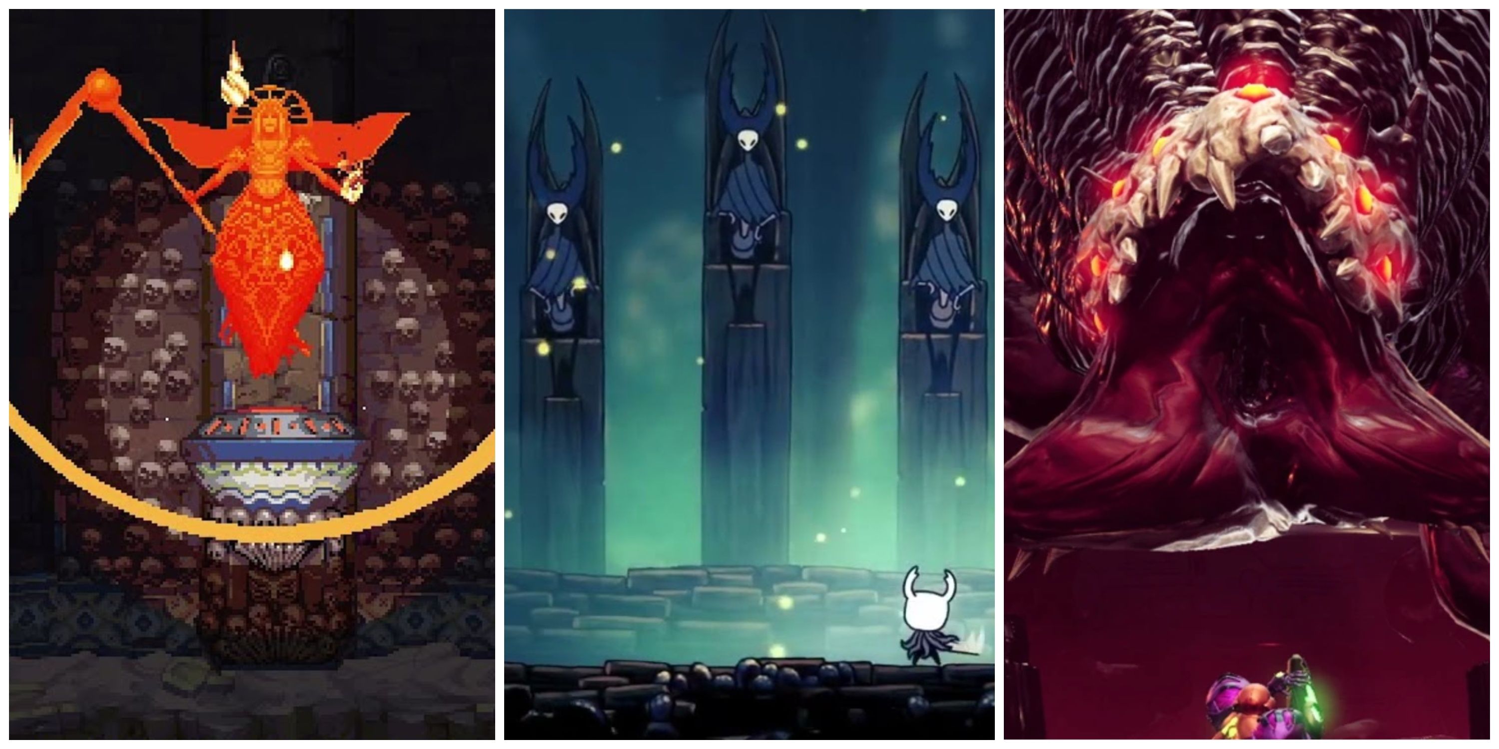 Best Metroidvania Boss Fights (Featured Image) - Blasphemous + Hollow Knight + Metroid Dread