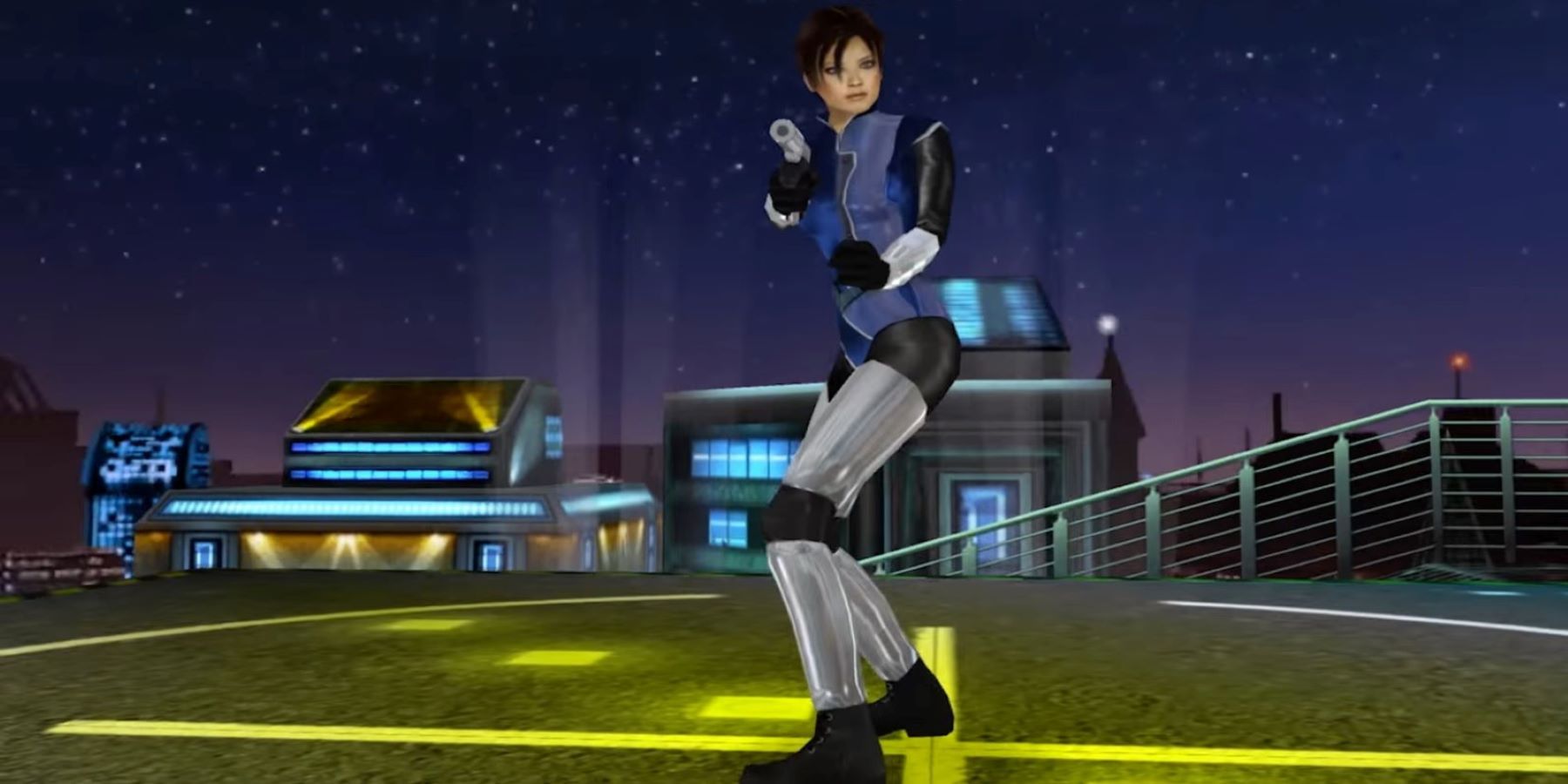 Joanna Dark standing on the rooftop of the dataDyne building and holding a gun in Perfect Dark