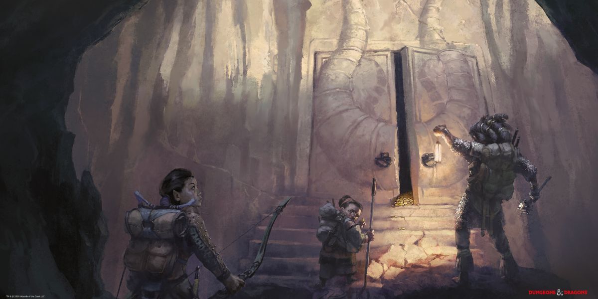 Dungeons and Dragons art of Three Adventurers In A cave Opening A Stone Door.