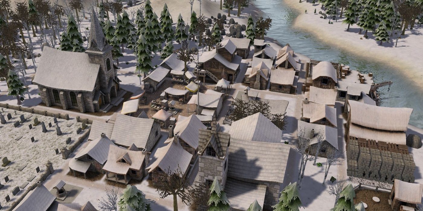 A snowy village as seen from above