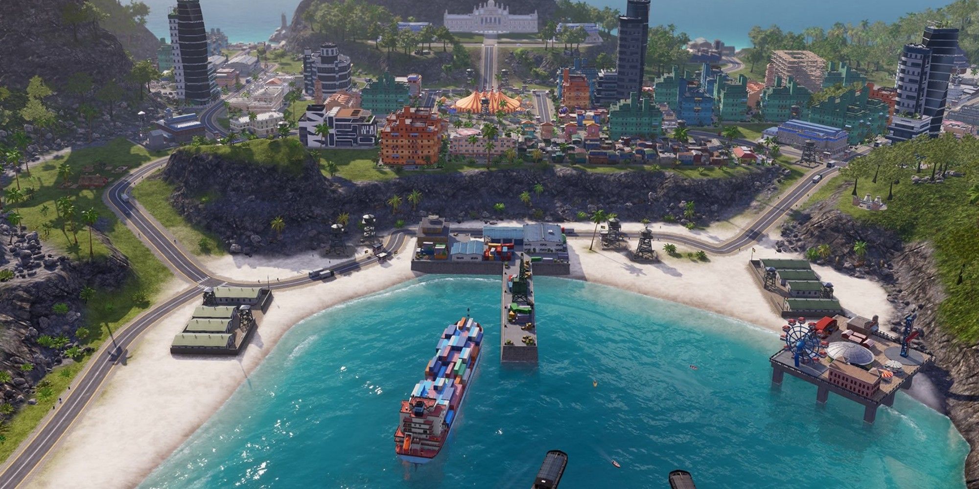 city builder - tropico 6, industrial port scene