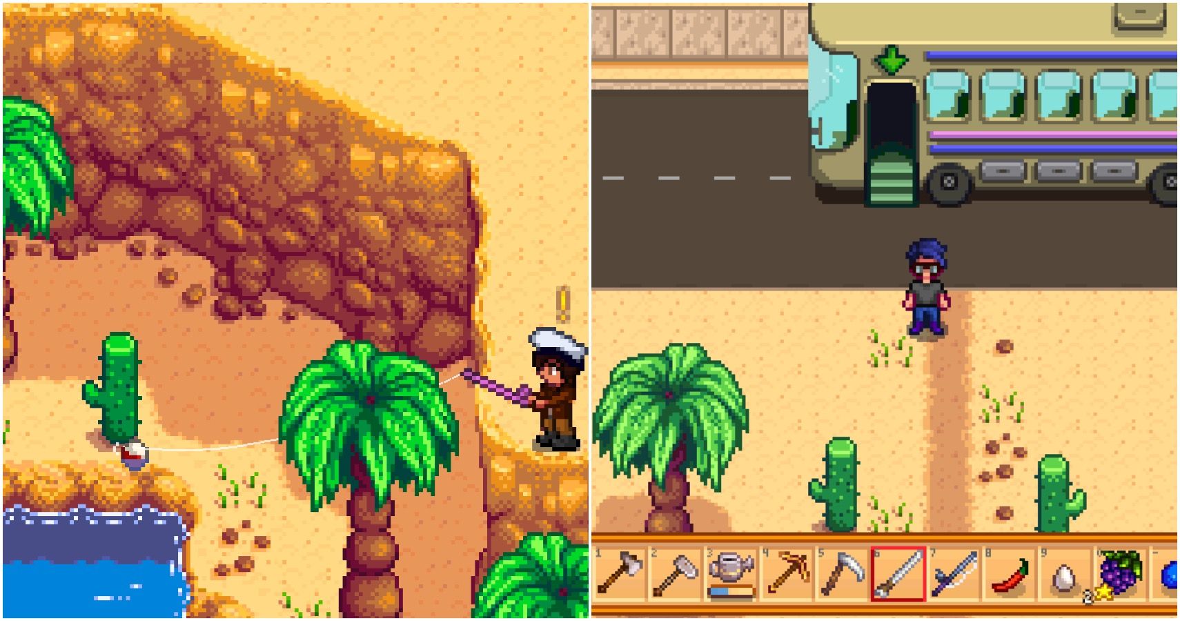 A player fishing in the Calico Desert and a player after getting off the bus