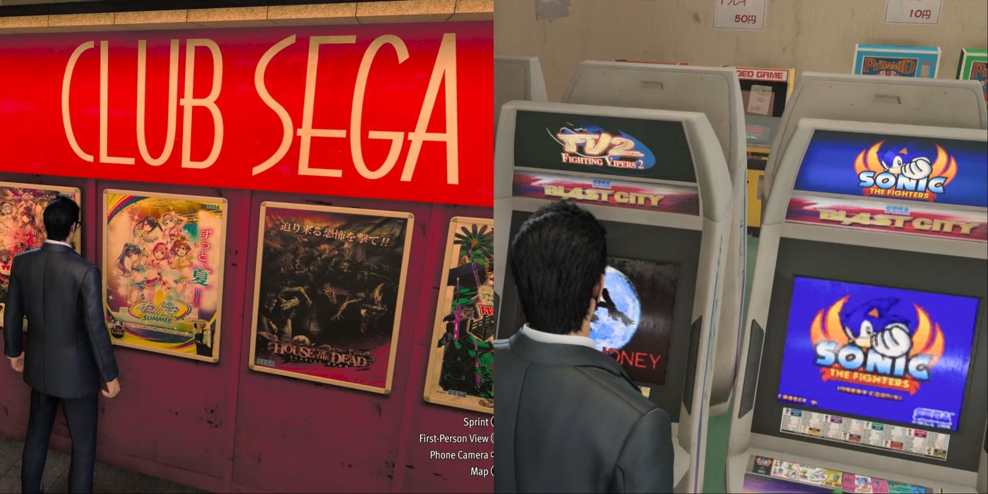 Split-Image of Club Sega with its surrounding arcade game posters from the outside and another arcade location earlier in the game near a Sonic cabinet.