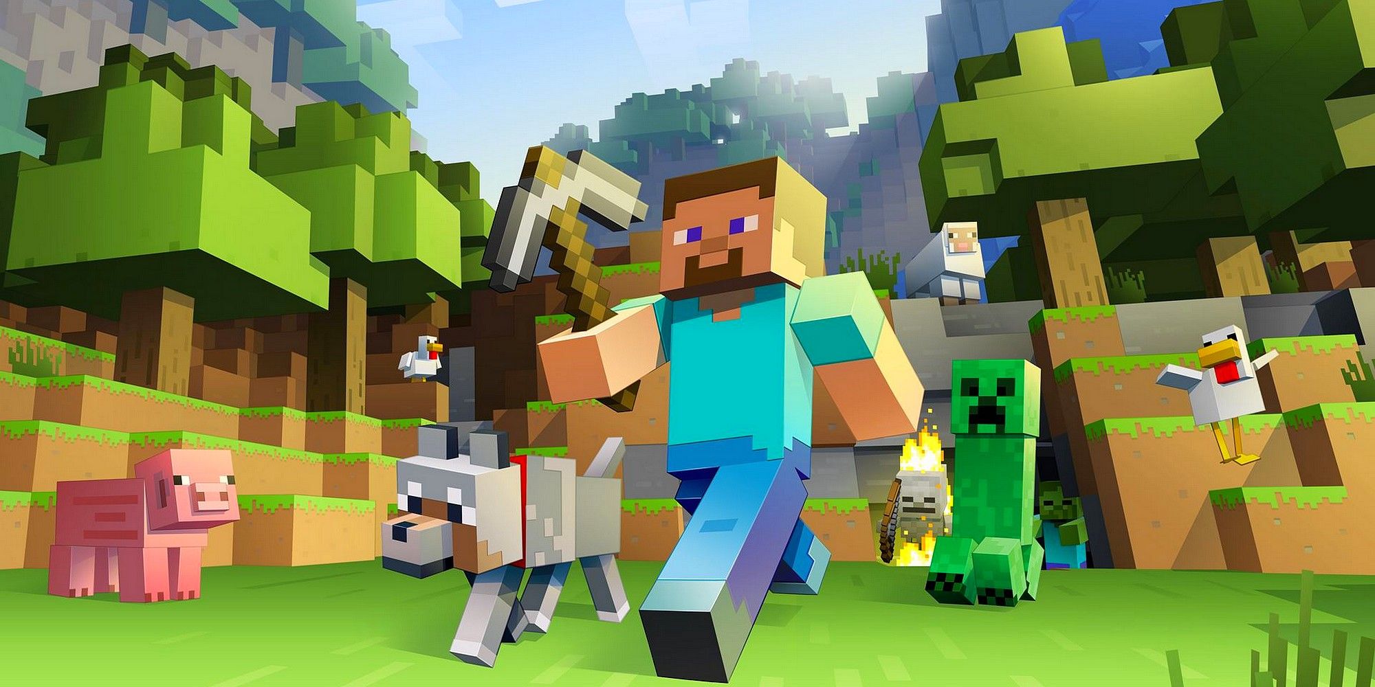 Steve from Minecraft with a tamed wolf and several other animals and enemies from Minecraft