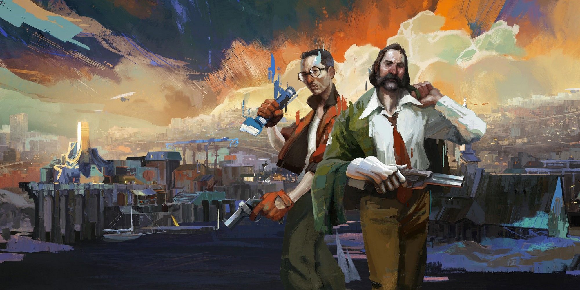 Kim and the protagonist against the cityscape of Disco Elysium.