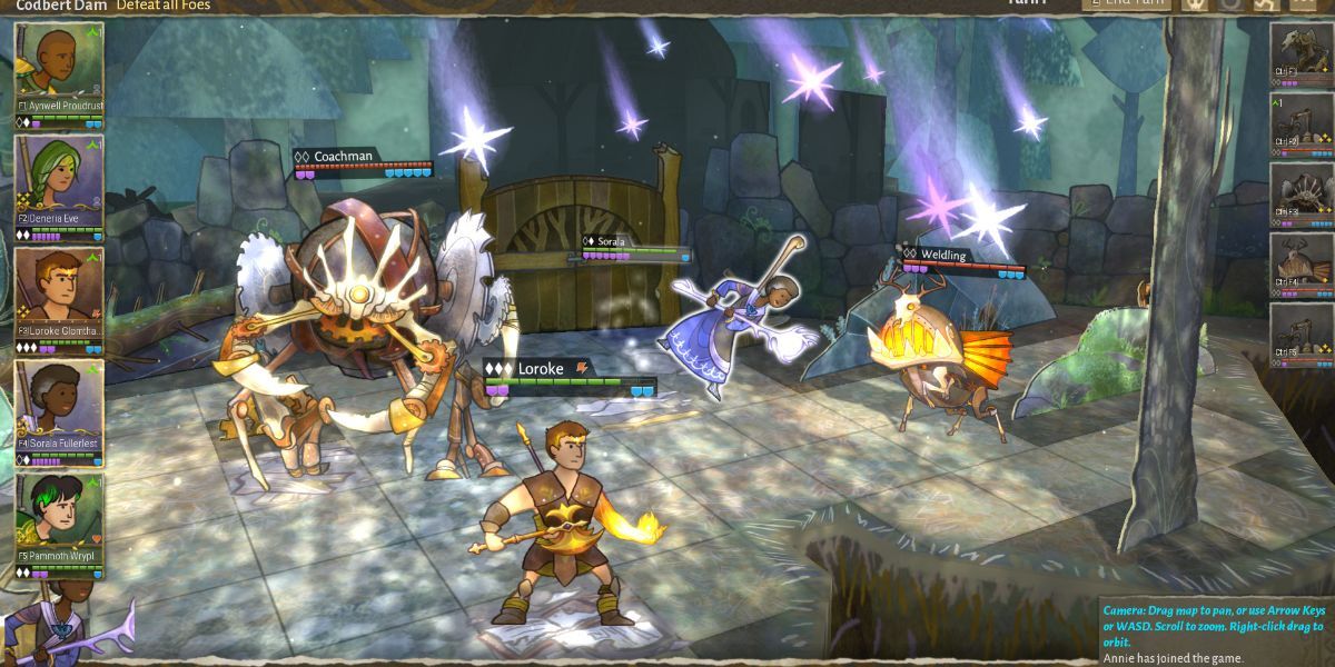 Wildermyth screenshot of two party members fighting enemies.