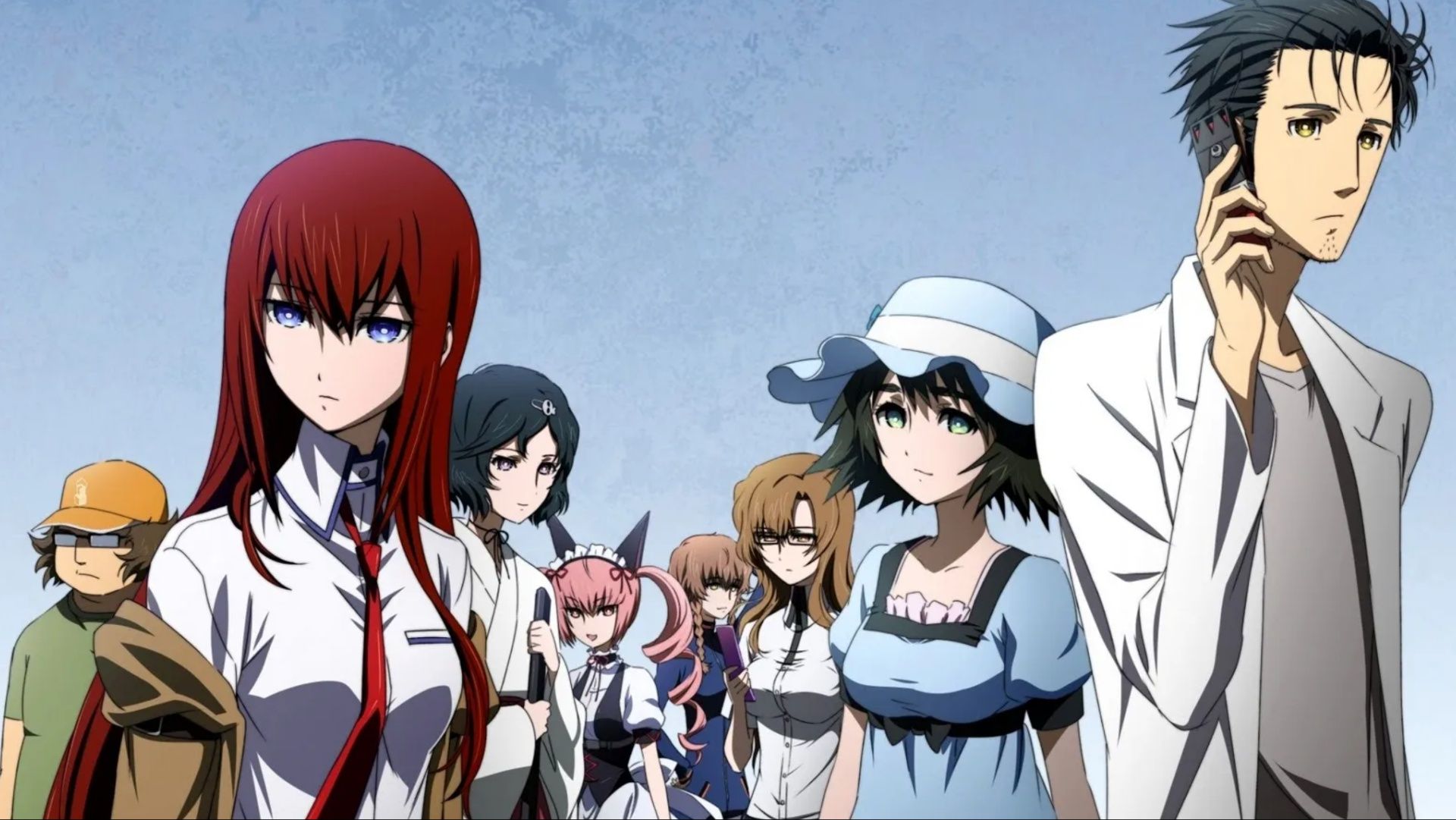 Key art showcasing the main cast in Steins;Gate.