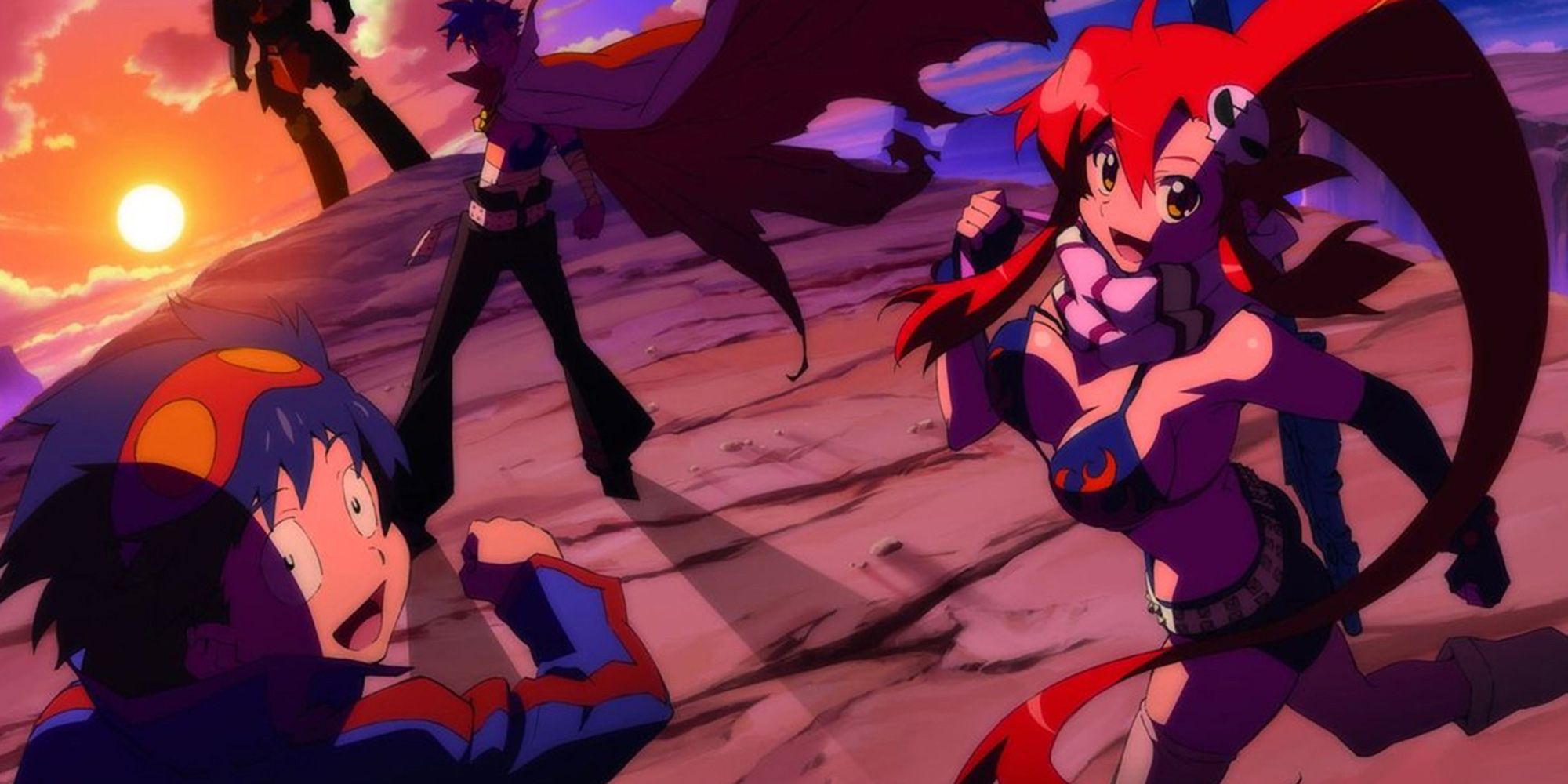 The Main 4 Of Gurren Lagann Walking Toward The Sunset Together.