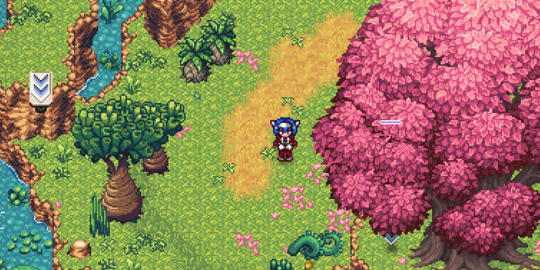 The player walking down a path beside a large pink-leafed tree.