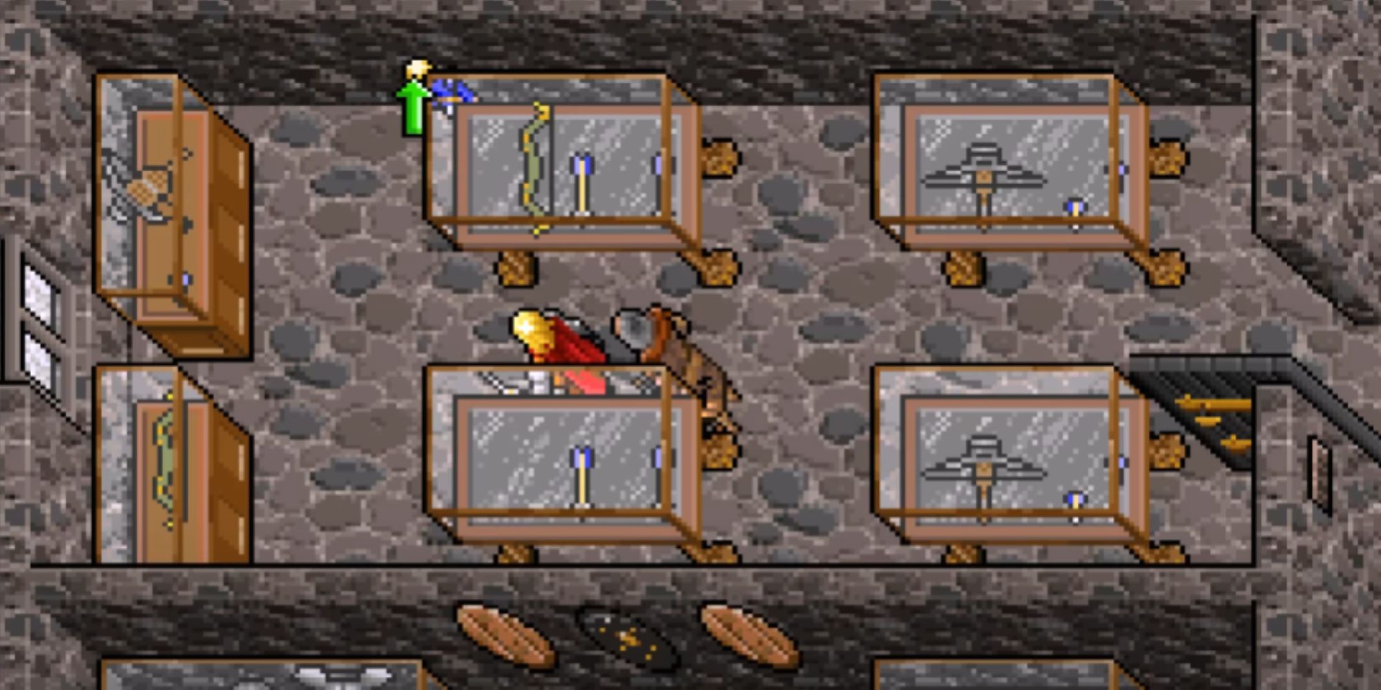 Ultima 7 protagonist walking next to weapons on display in glass cases.