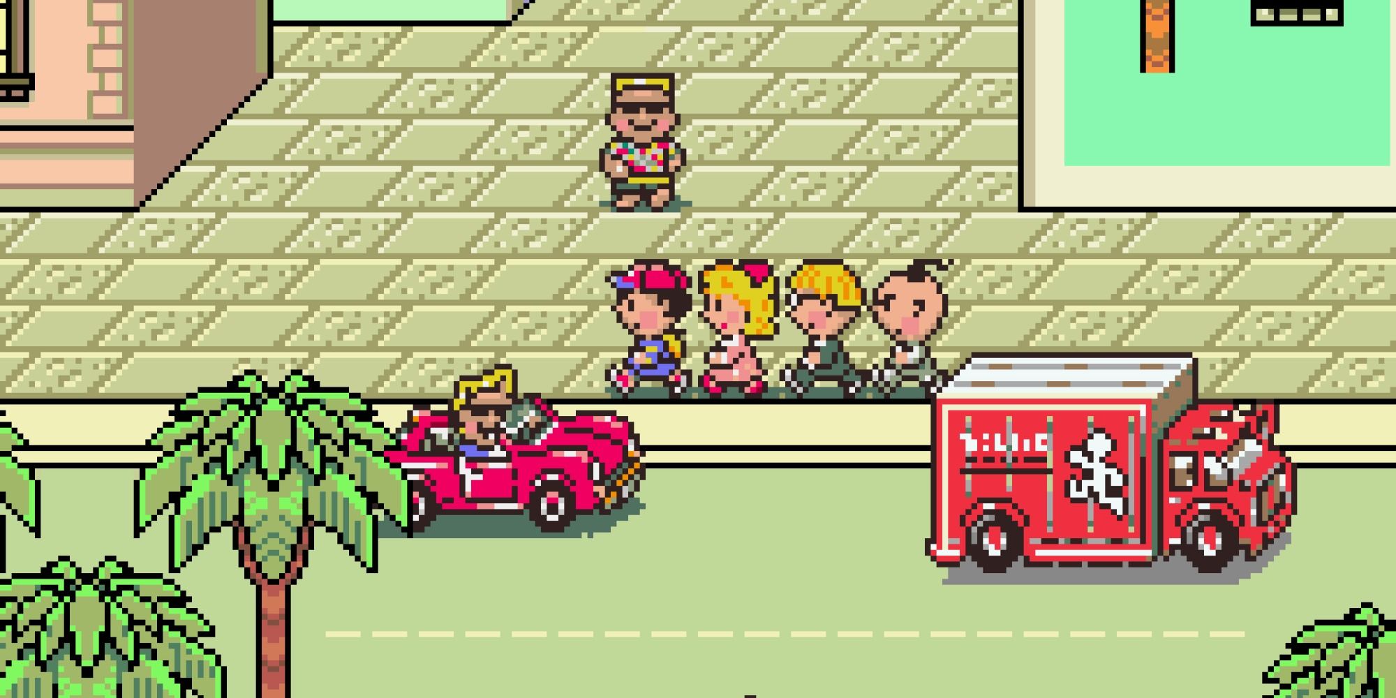 Earthbound: Ness, Paula, Jeff, And Poo Walk Down A Busy Street