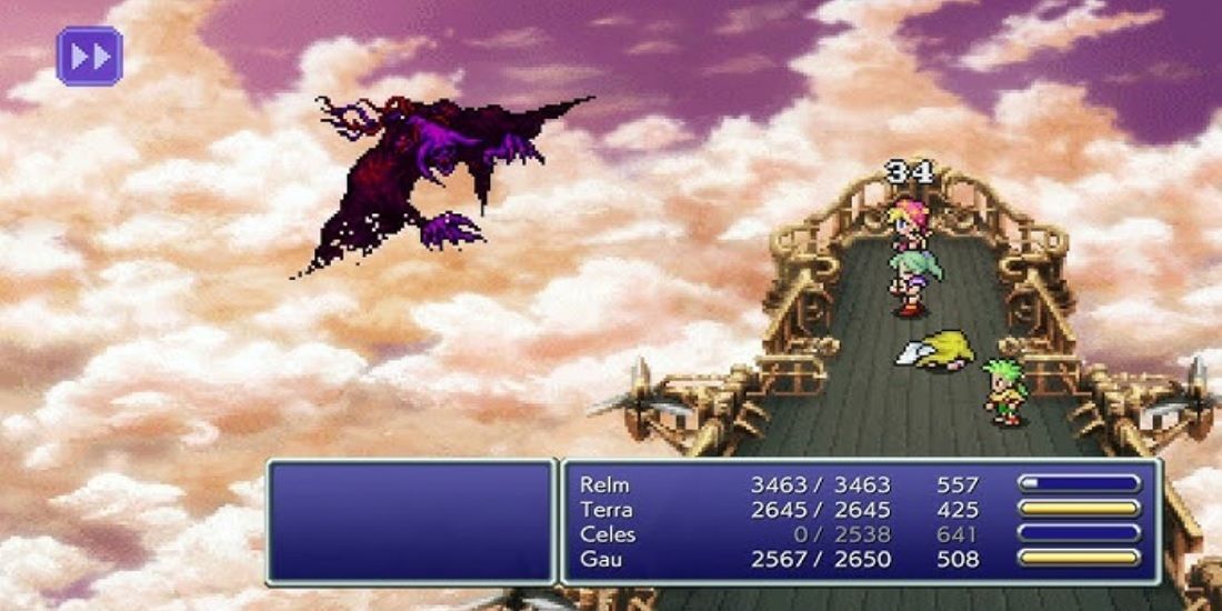 The party fighting a flying monster on the airship's deck in Final Fantasy 6.