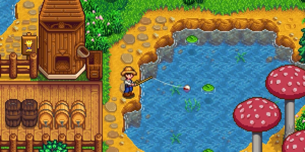 The player fishing in a small pond in their farm.