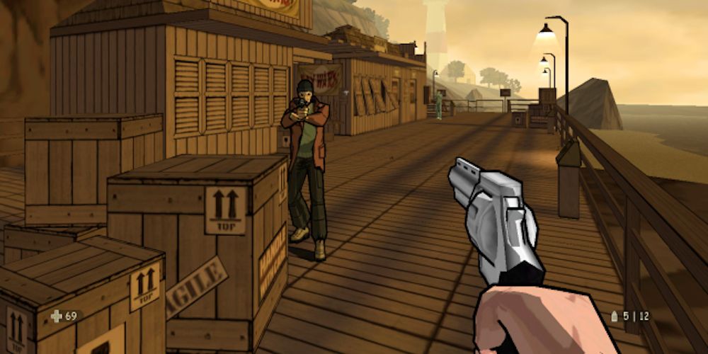 Pointing a gun at an enemy on a dock