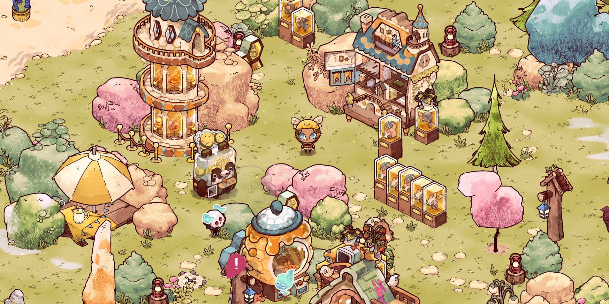 A Spirit Scout standing in a busy plaza filled with furniture items from Cozy Grove.