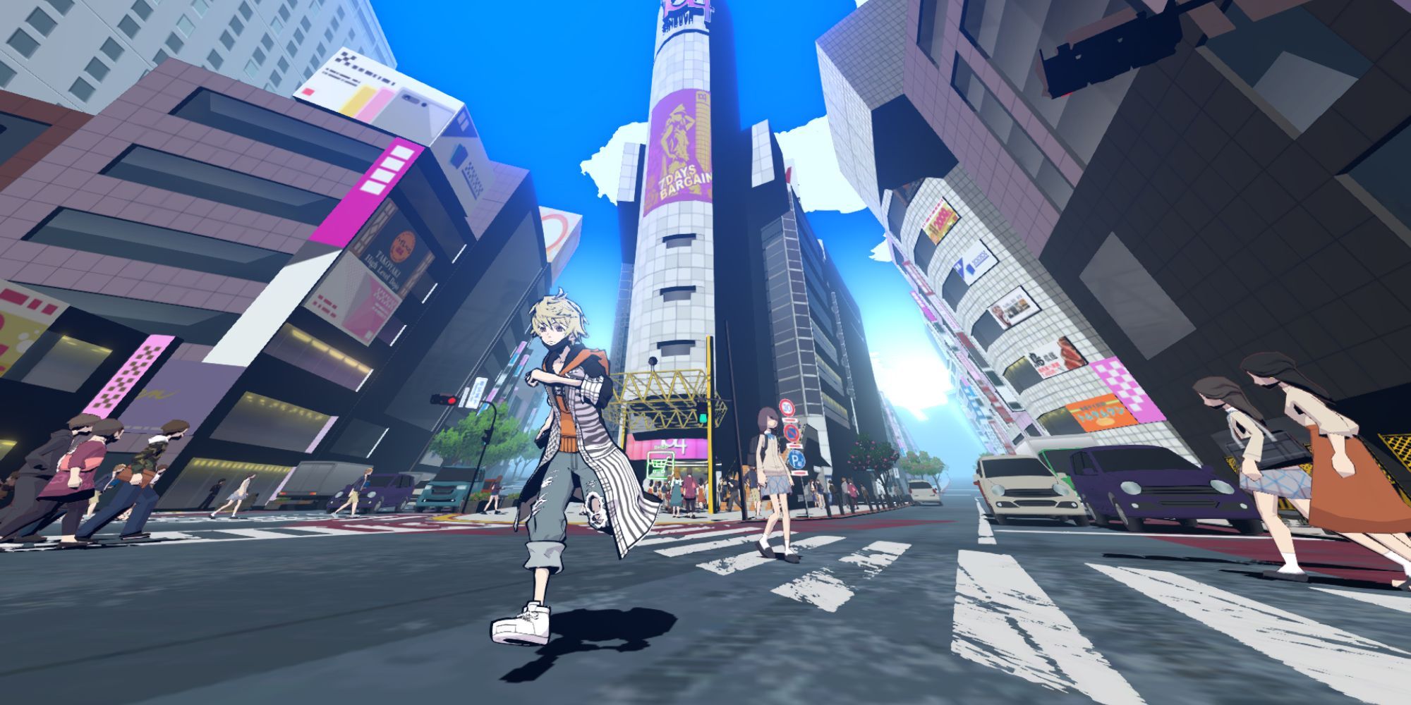 NEO: The World Ends With You screenshot of Rindo running through the streets of Shibuya.