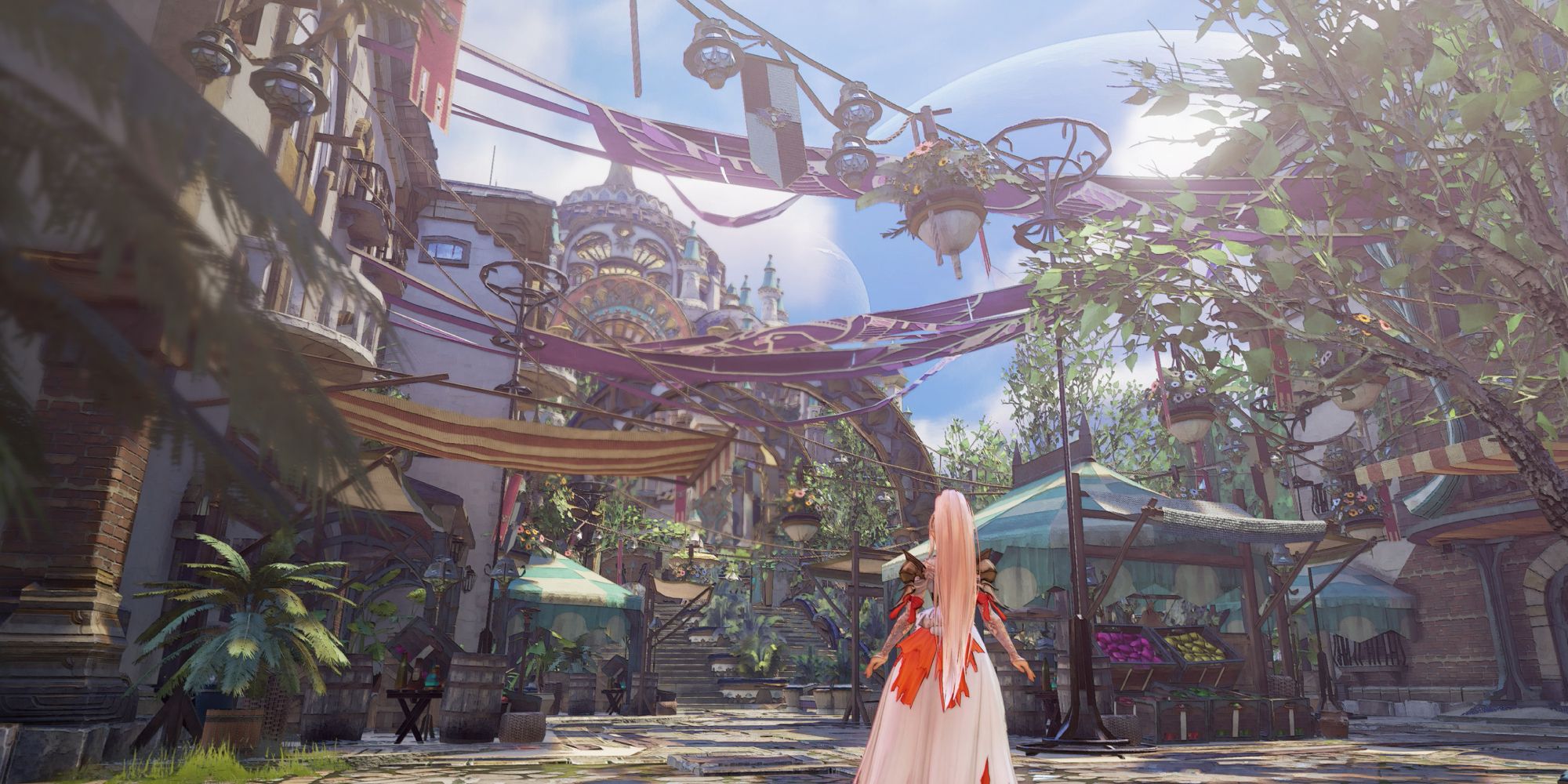 Best Fictional Planets a wide shot of Shionne from Tales of Arise stood in the city of Viscint on the planet Dahna