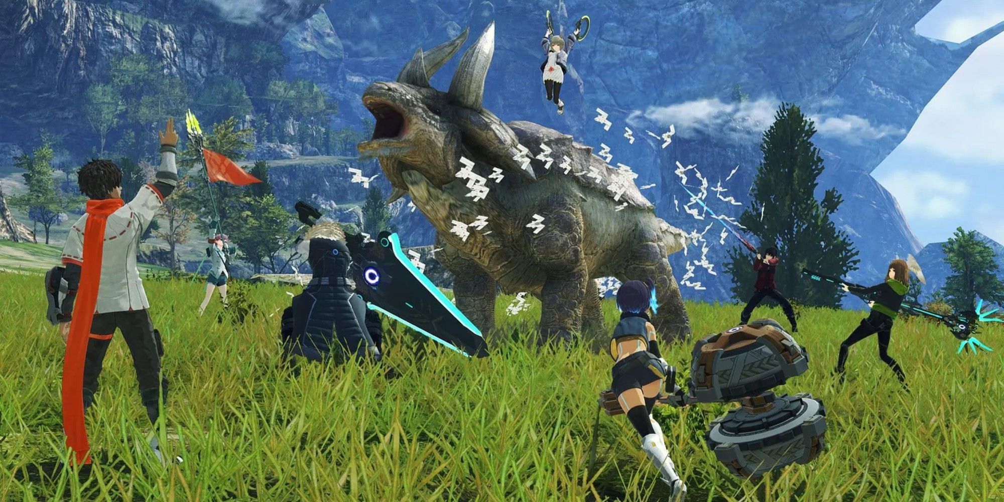 A full-party battling a Monster in Xenoblade Chronicles 3