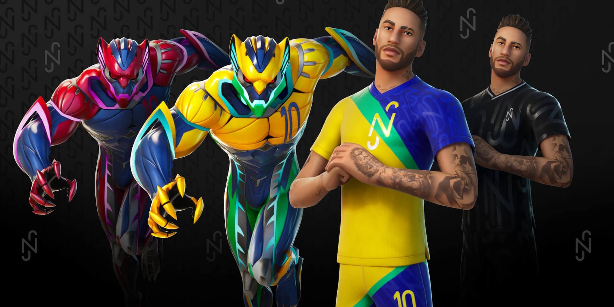 The two armored Neymar outfits rush forward while the two Neymar outfits in basic soccer gear crack their knuckles.