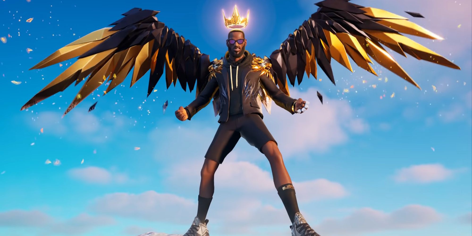 An image from Fortnite of the LeBron James Collab. This skin comes with black and golden wings, and a glowing crown.