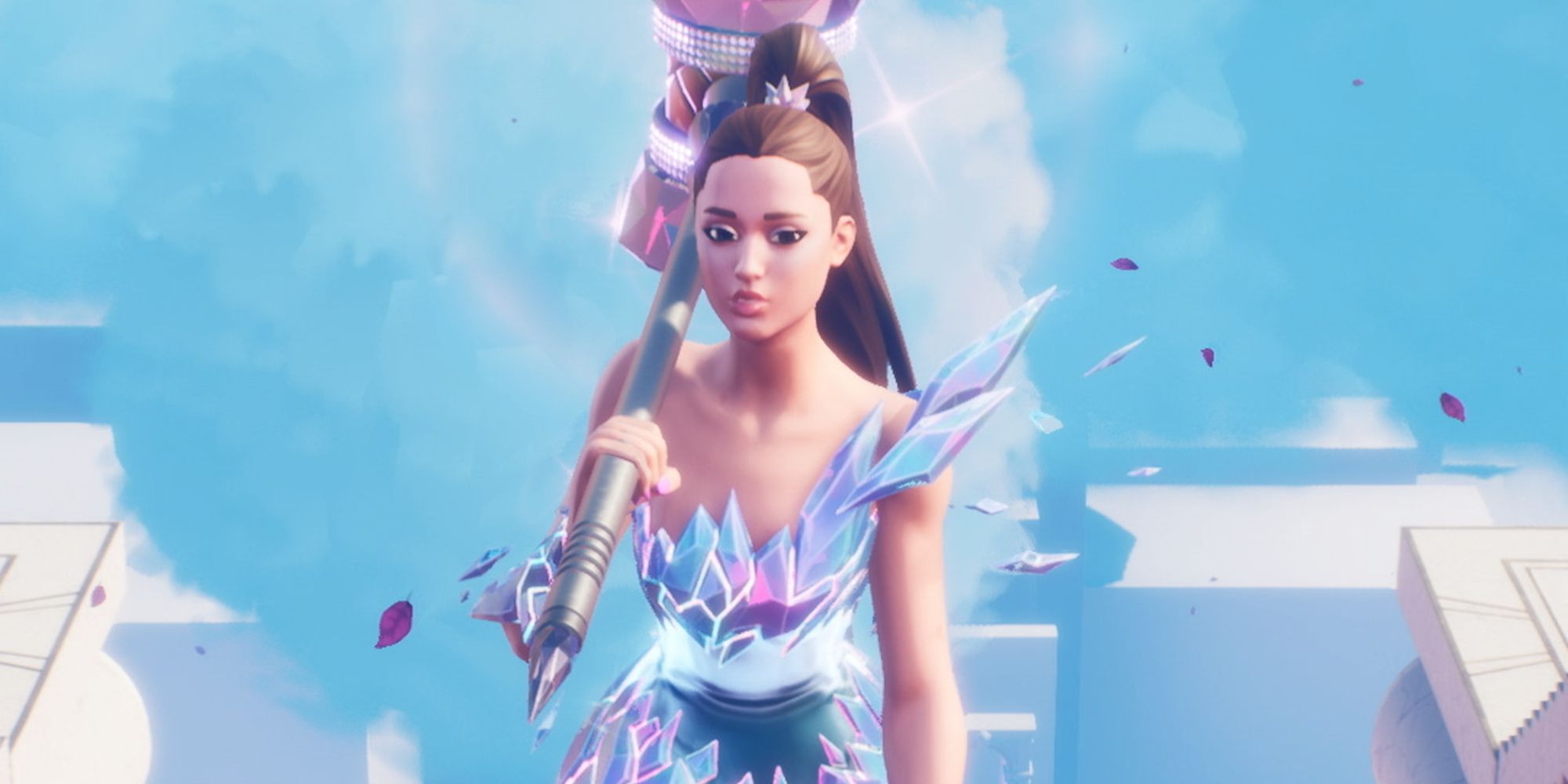 An image from Fortnite of the Ariana Grande Collab that features her is a glowing dress made out of crystals.