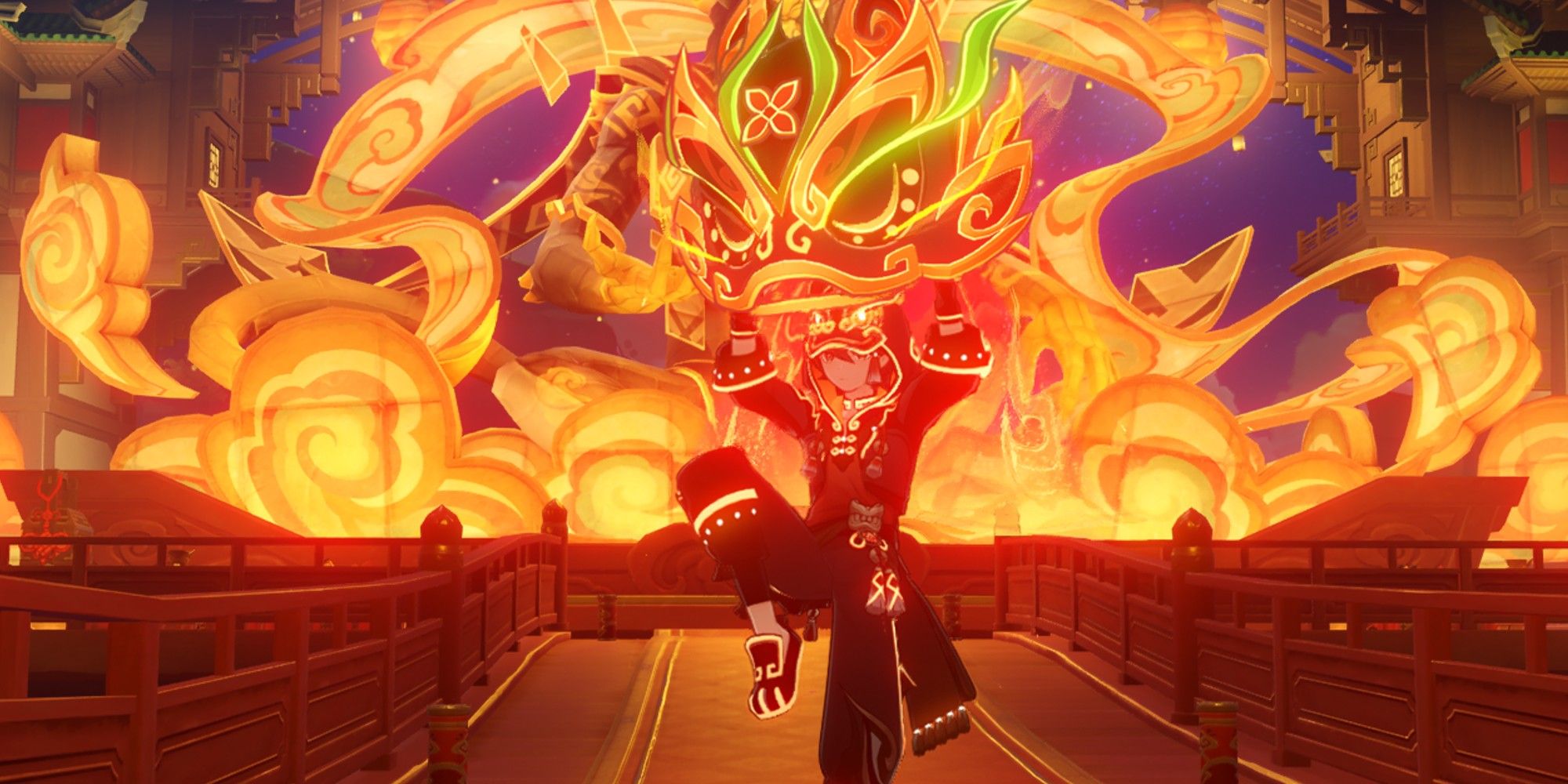 A young man does a traditional Dragon Dance in front of a glowing statue.