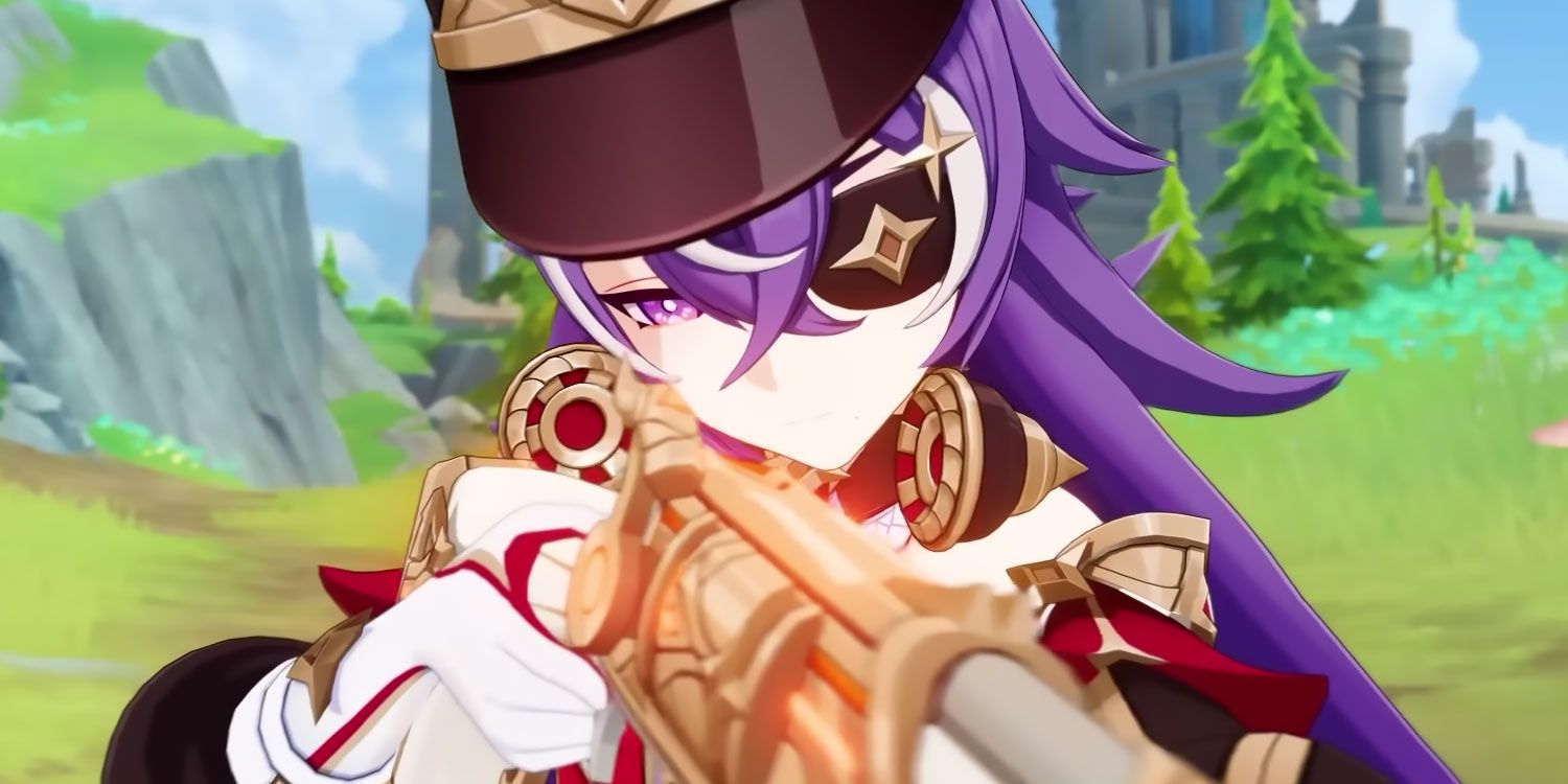 Chevreuse from Genshin Impact taking aim with her gun.