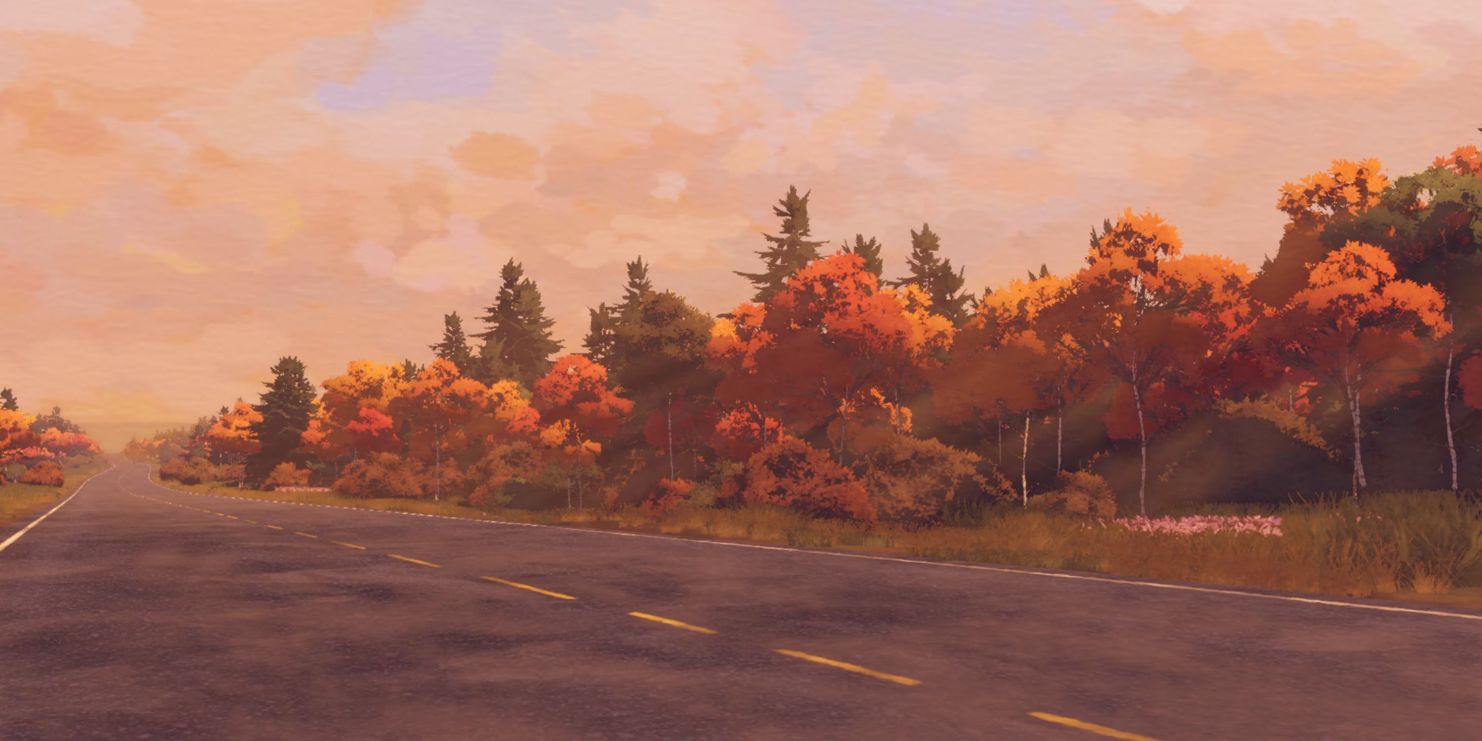 Colorful trees line the side of an empty road in Open Roads.