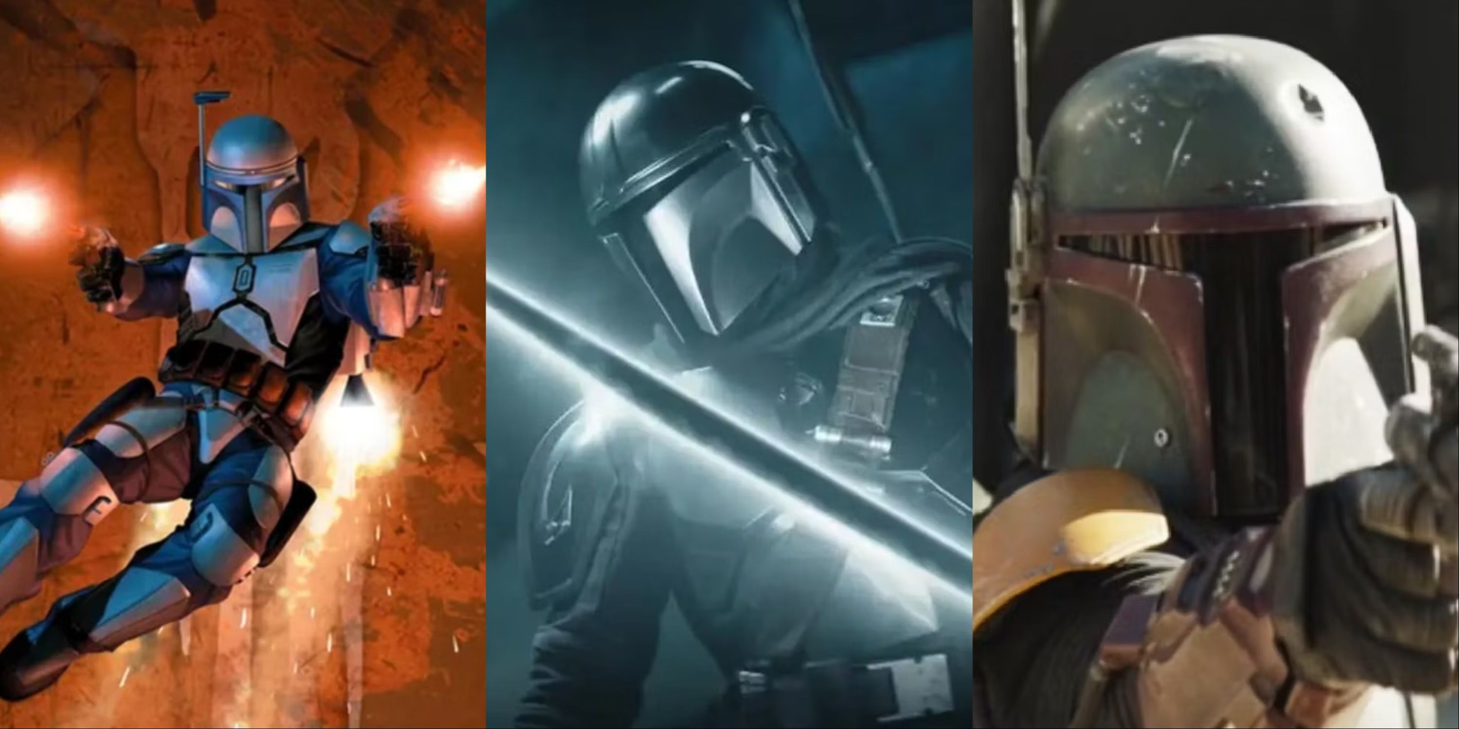 Three-image collage of Jango Fett firing his blasters, The Mandalorian with his darksaber, and Boba Fett aiming a pistol at someone.