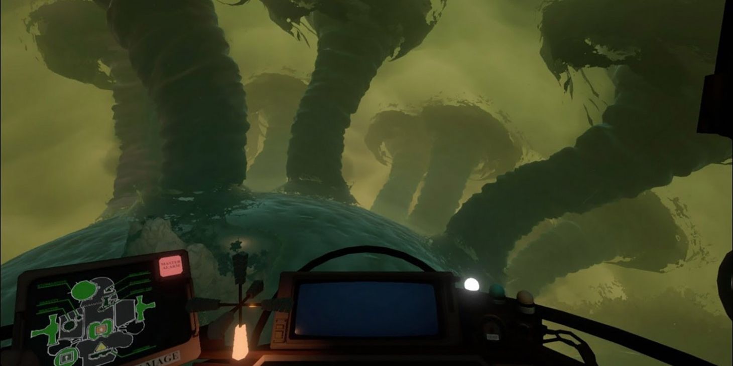 First person view of navigating a ship towards a planet with many tornadoes on Outer Wilds.