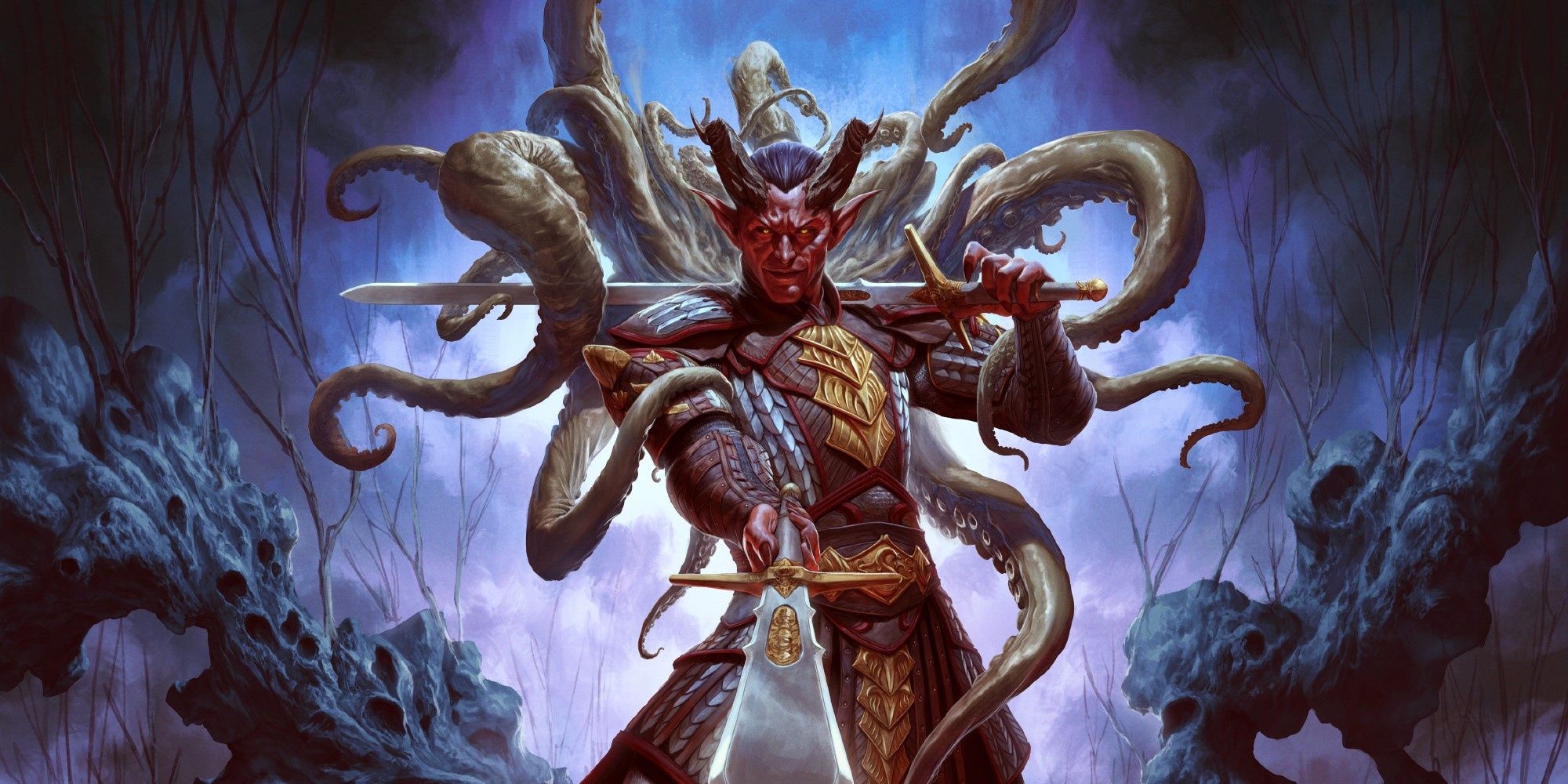 Tiefling warrior with tentacles behind him in cavern.