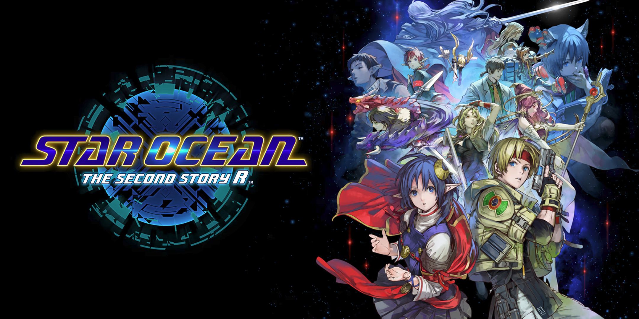 Claude and Rena surrounded by the supporting cast in Star Ocean: The Second Story R.