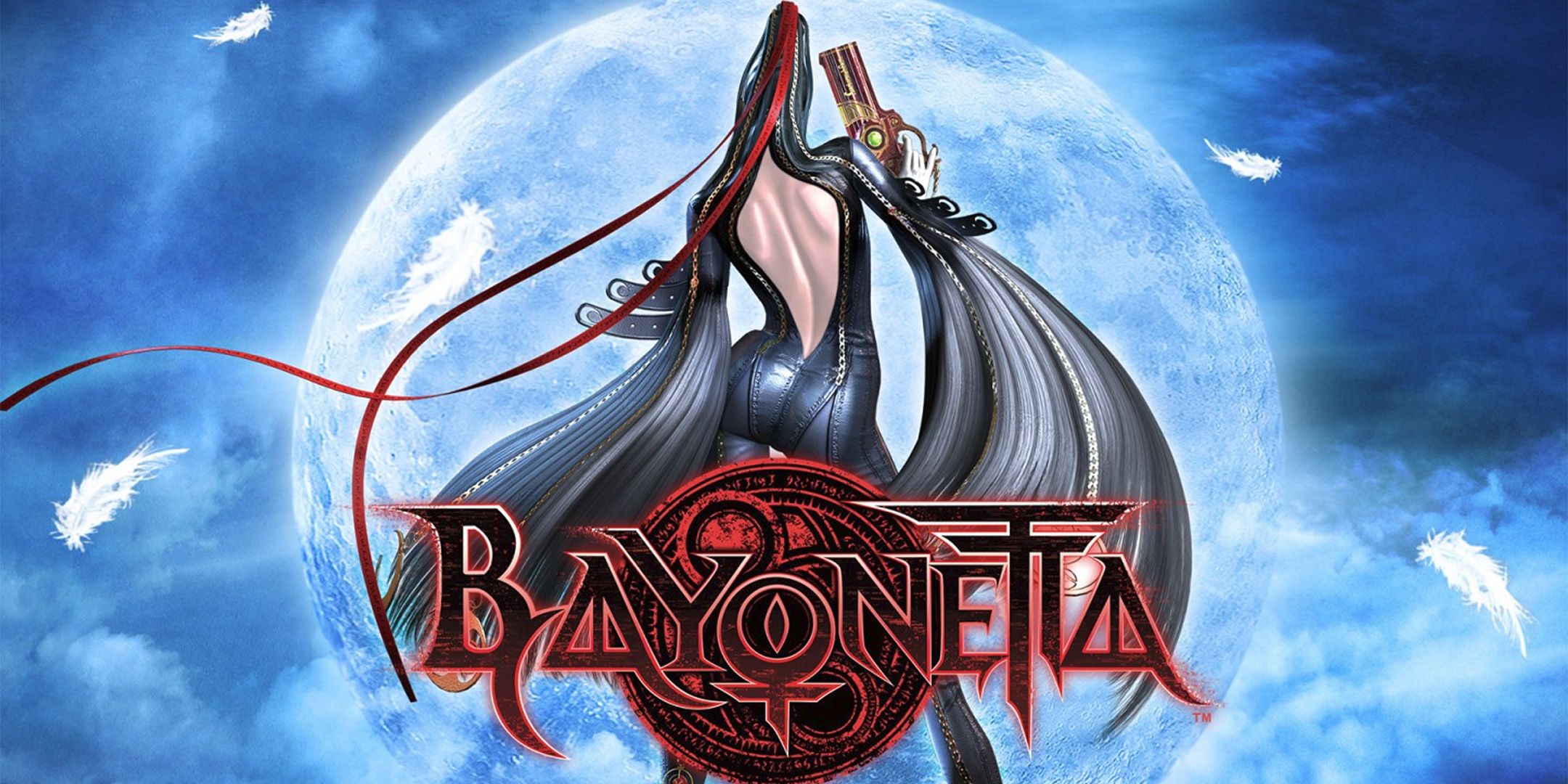 Bayonetta holding a gun with her back to the screen.