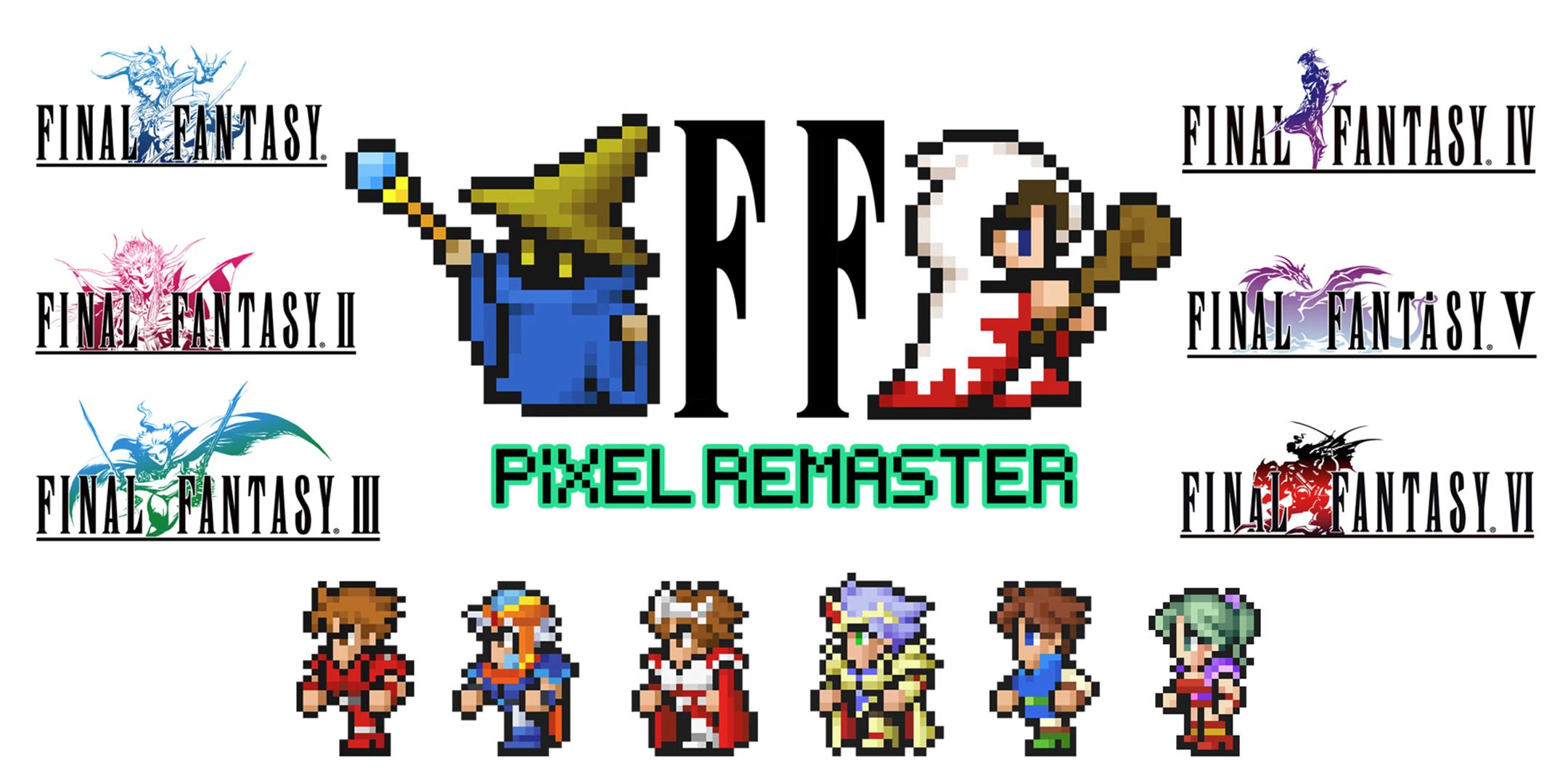 8-bit characters on a white background in Final Fantasy Pixel Remaster.