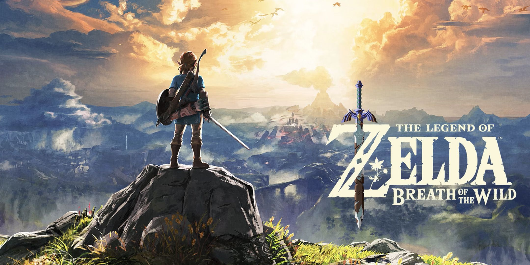 Link with his Master Sword drawn out, while looking at Hyrule in The Legend of Zelda: Breath of the Wild.