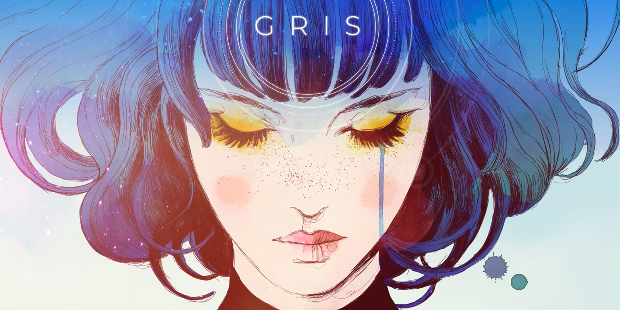 A close-up of blue haired woman crying from Gris.