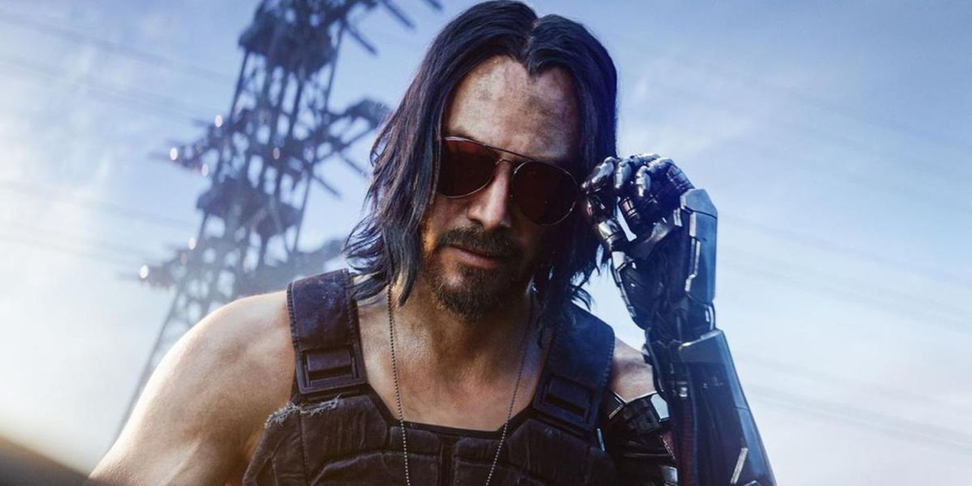 Cyberpunk 2077 Johnny Silverhand adjusting his glasses while looking into camera