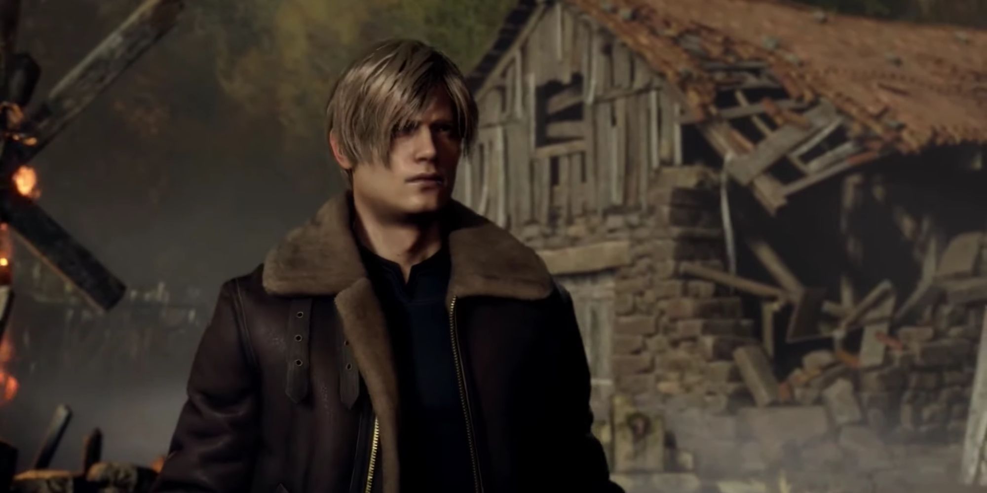 Leon in Resident Evil 4 Remake in the village saying the iconic Bingo line.