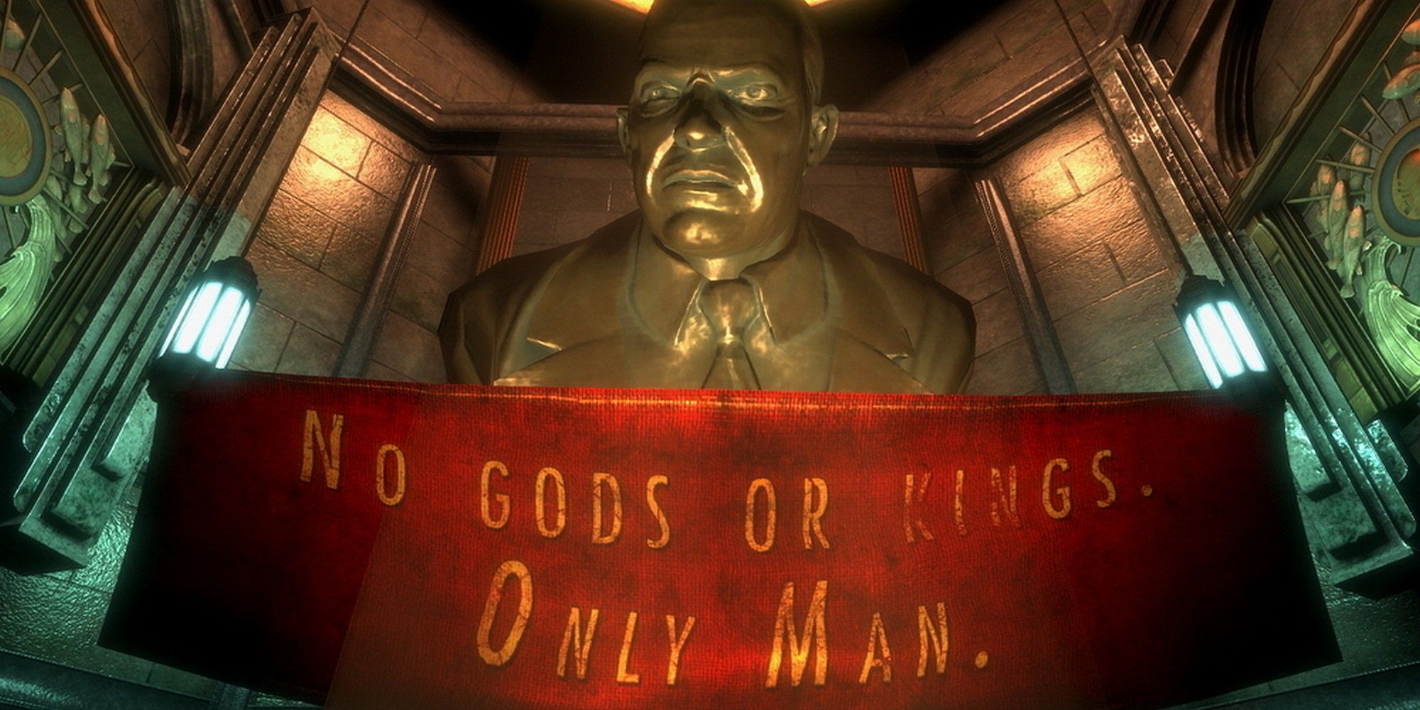 The Andrew Ryan statue in the entrance to Rapture at the beginning of Bioshock with the "No gods or kings, only man" banner.