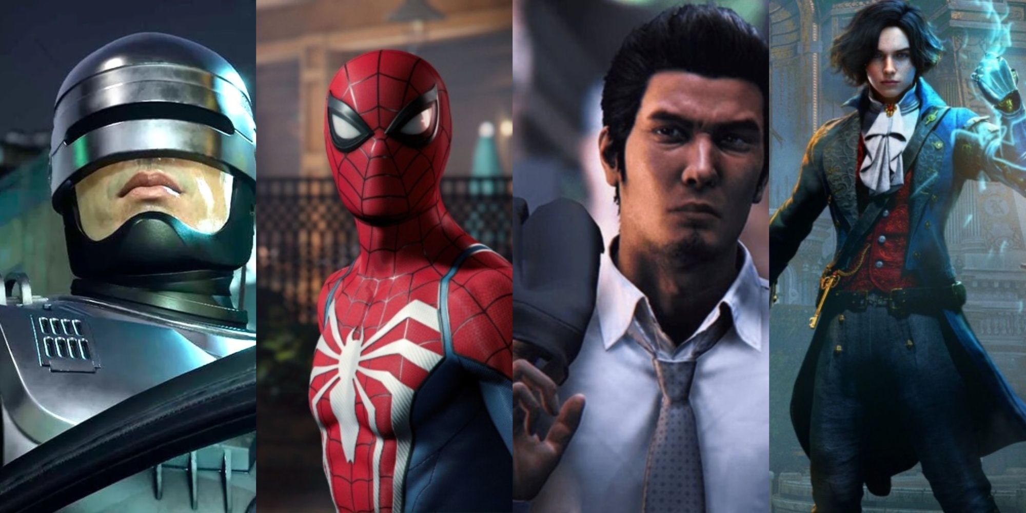 Split Images Of Robocop, Spiderman, Pinocchio, and Kazuma Kiryu