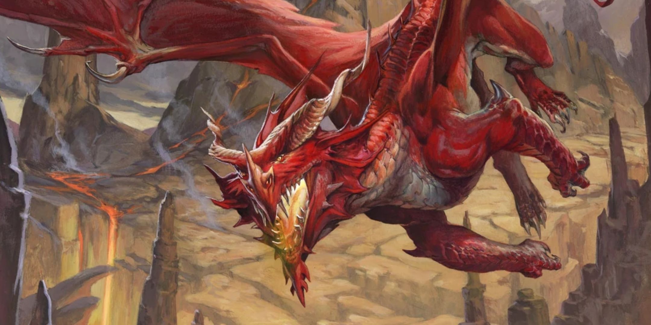 A red dragon flies over a volcanic landscape in D&D art.