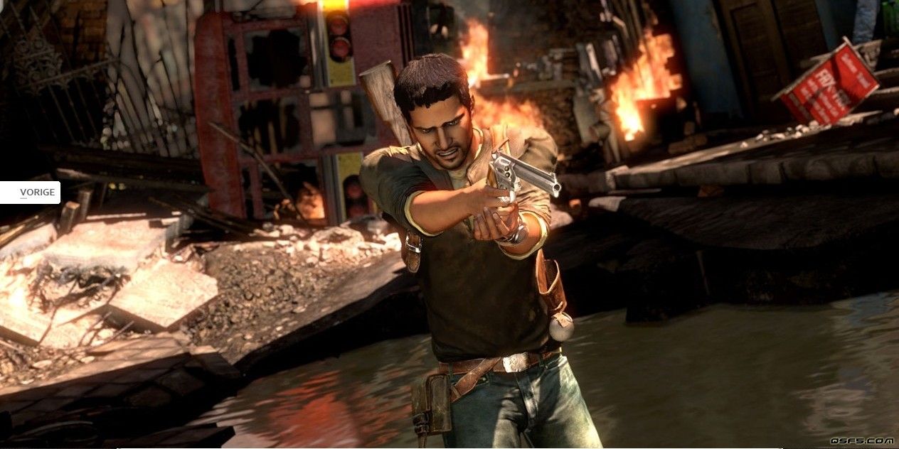 Uncharted 2 screenshot of nathan drake holding a gun.