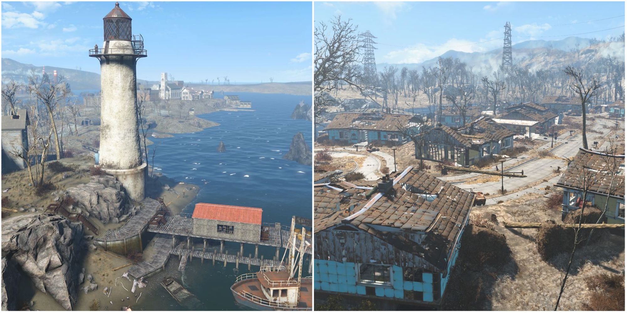 A Split Image of the best settlements in Fallout 4.