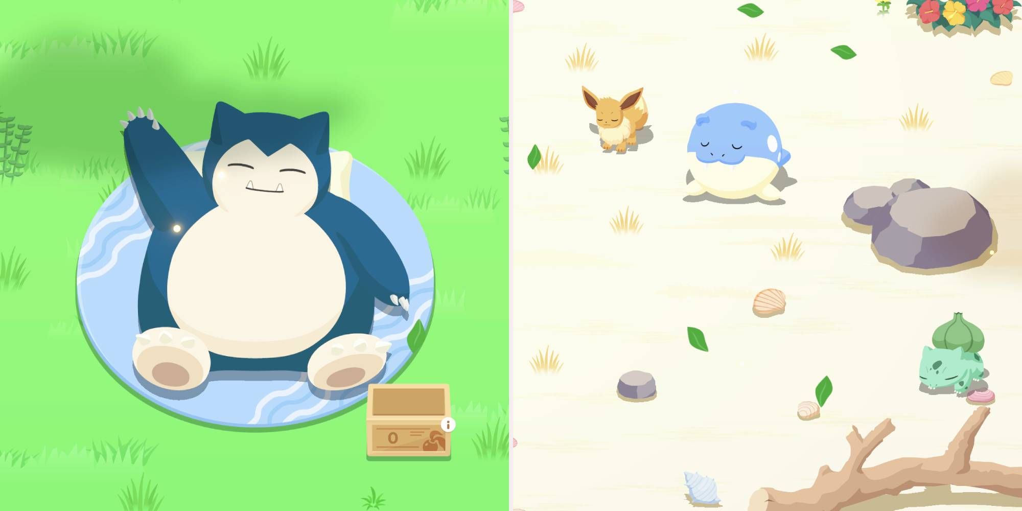 Left, a Snorlax waves at you. Right, a Bulbasaur, Spheal, and Eevee nap on the beach.