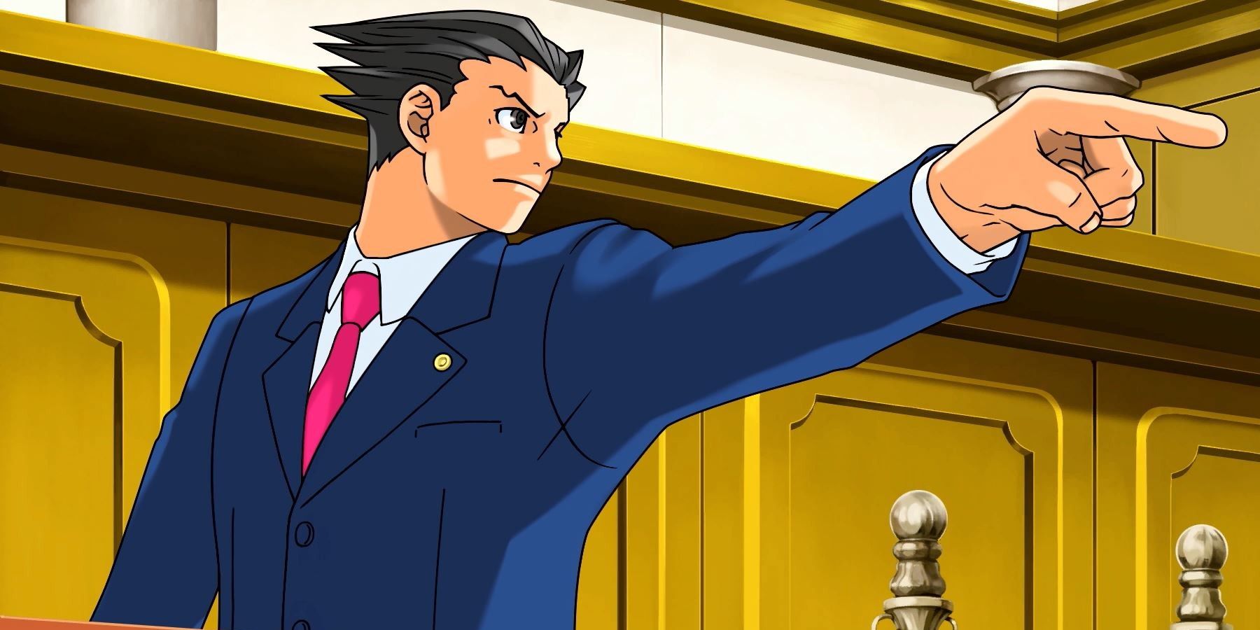 Phoenix Wright pointing to someone off-screen in the court room in Phoenix Wright Ace Attorney Trilogy